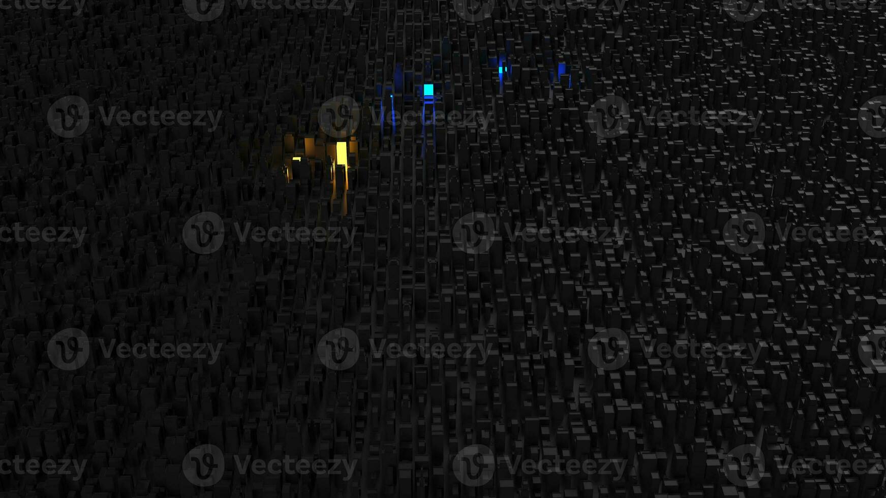 Abstract dark city landscape - aerial view - with yellow and blue buildings glowing in the distance photo