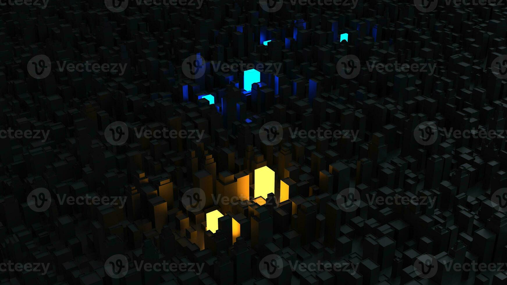 Dark Abstract city background with blue and yellow buildings glowing photo