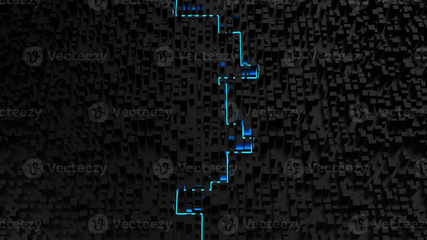 Aerial view of dark abstract cityscape with glowing blue neon light trail running through it photo