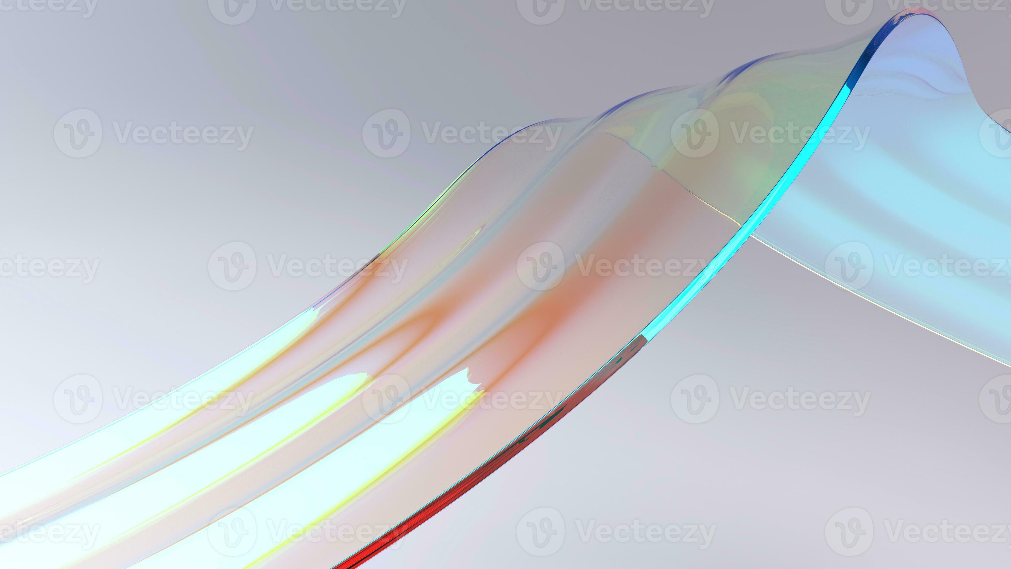Transparent glossy glass ribbon on light background. Thin film curved