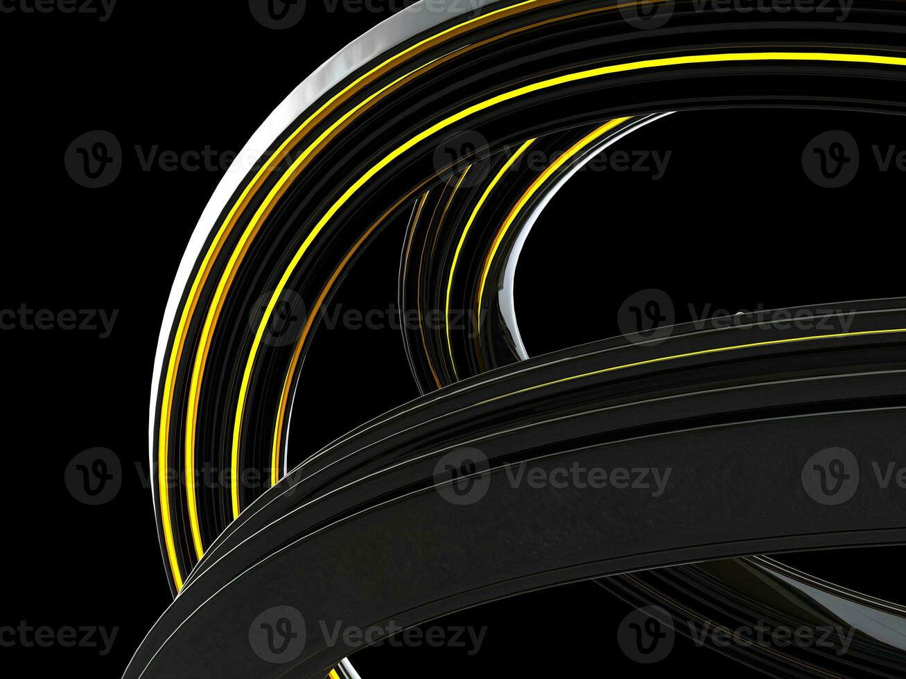 Abstract shiny black curve shape with glowing yellow line - isolated on black background photo