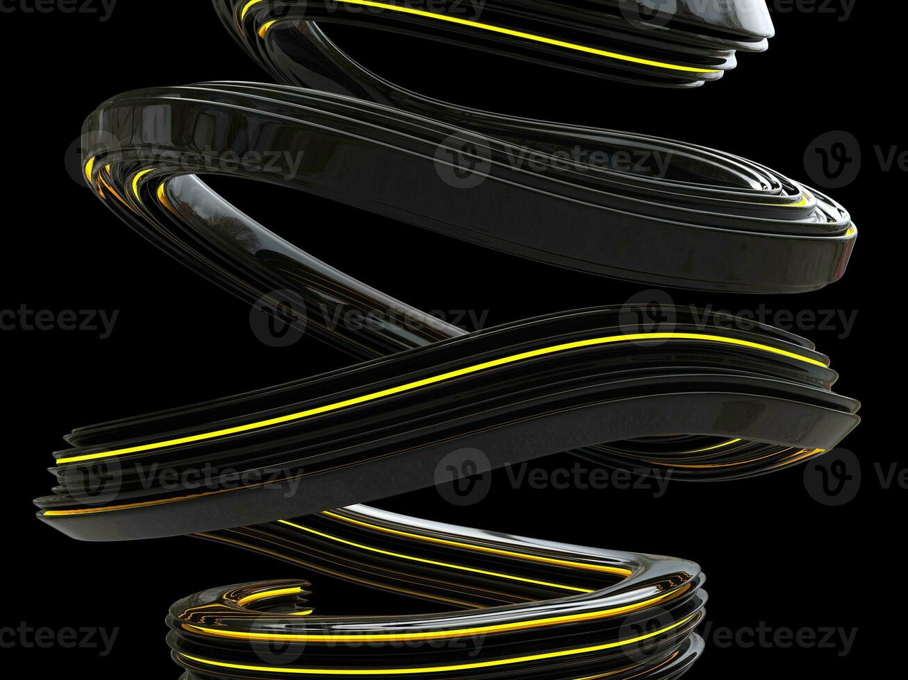 Abstract shiny black curve shape with glowing yellow line around it - isolated on black background photo