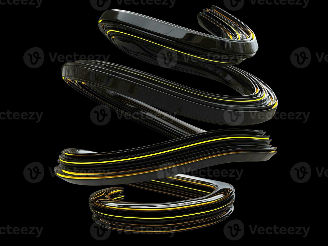 Abstract shiny black curve shape with glowing yellow lines in it - isolated on black background photo