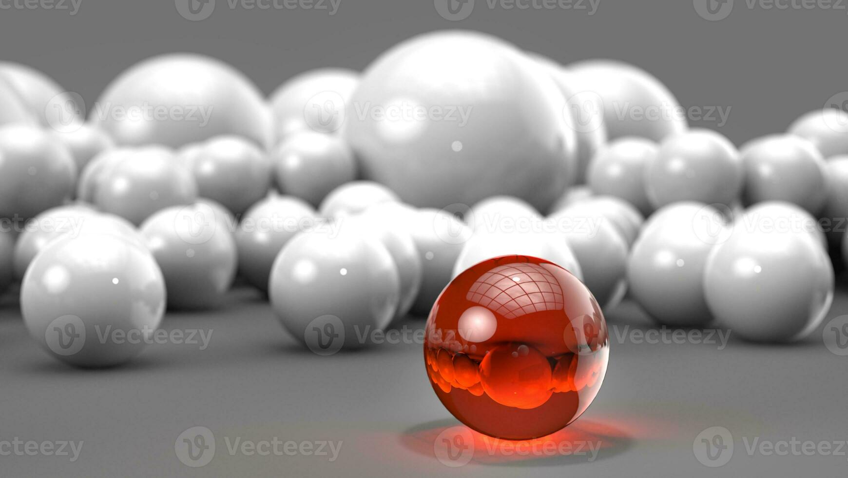 Glowing red crystal ball stands out from the bunch of white generic balls photo