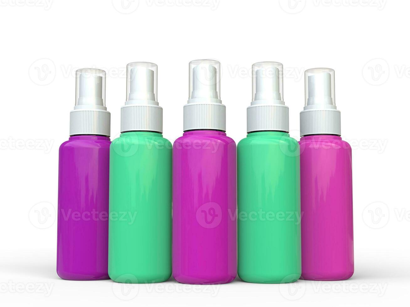 Teal and purple unlabled spray bottles photo