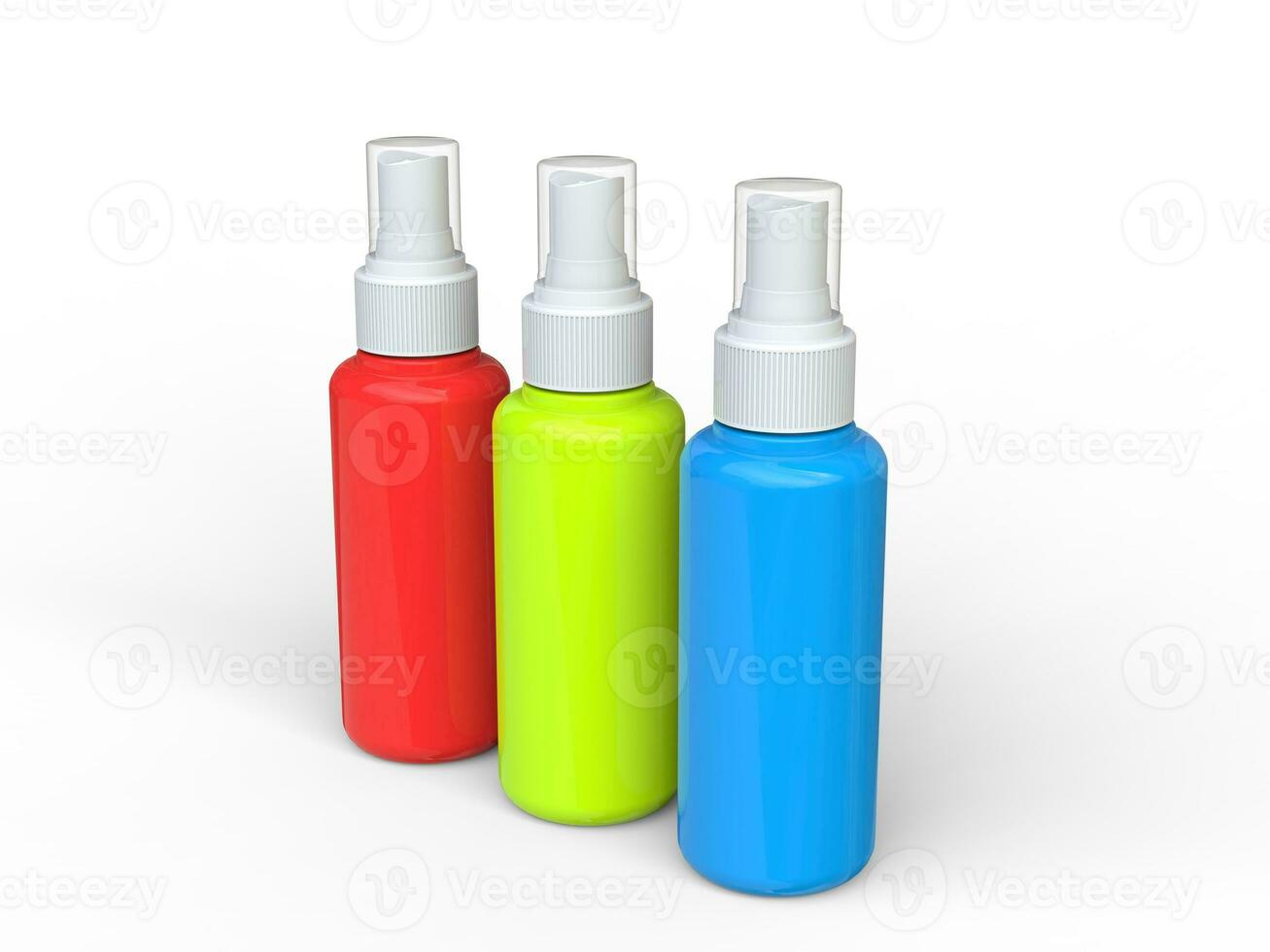 Red, green and blue unlabled spray bottles - top view photo
