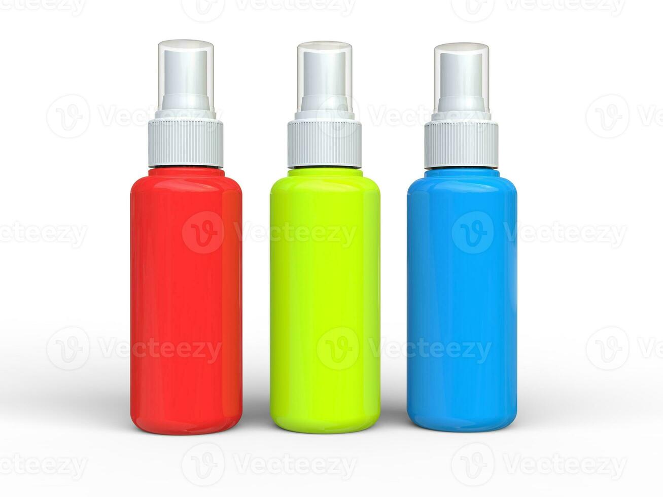 Red, green and blue unlabled spray bottles photo