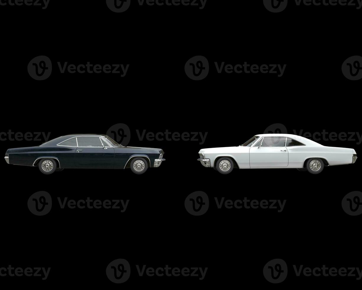 Black and white muscle cars on black background - side view photo