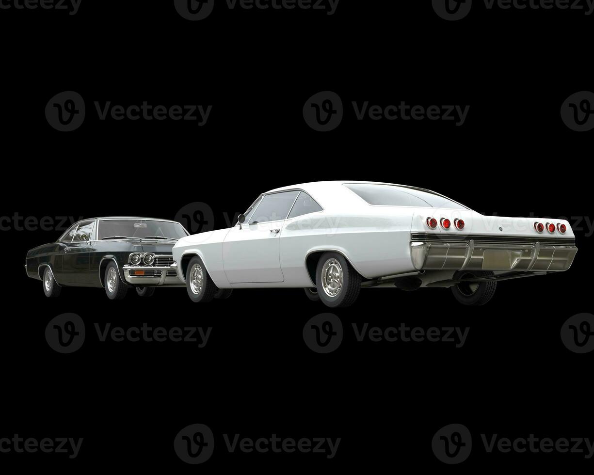 Black and white muscle cars on black background - perspective view photo