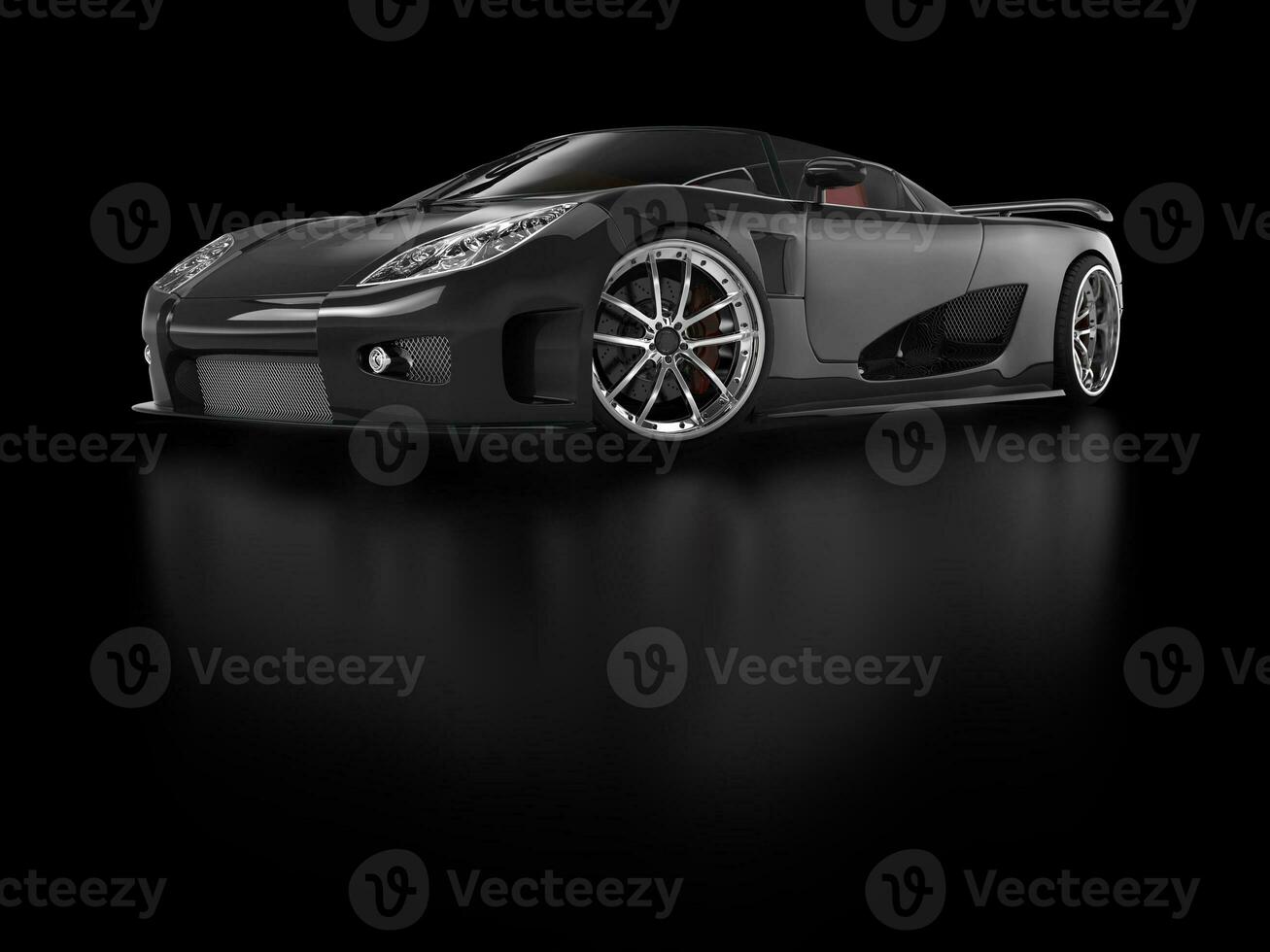 Black sportscar on black reflective background photo