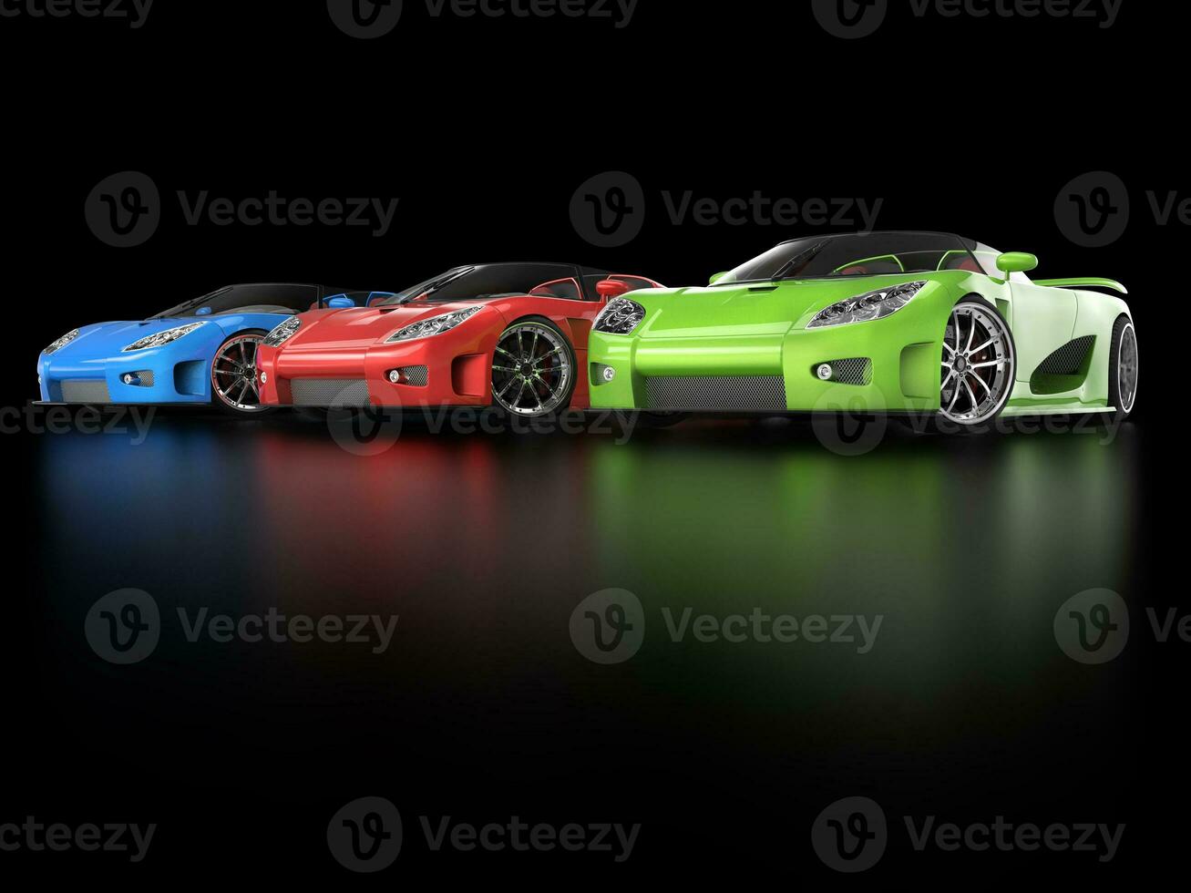 Row of sportscars in black showroom photo