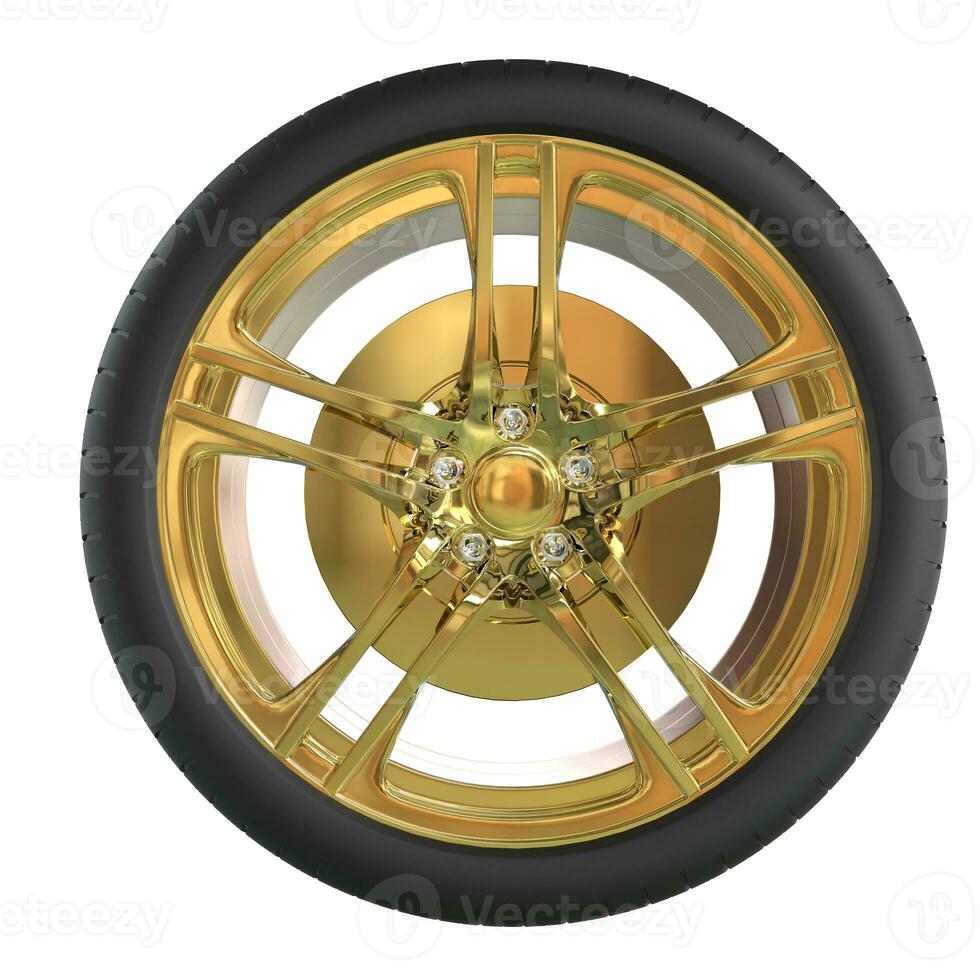 Racing tire with golden rim - front view photo