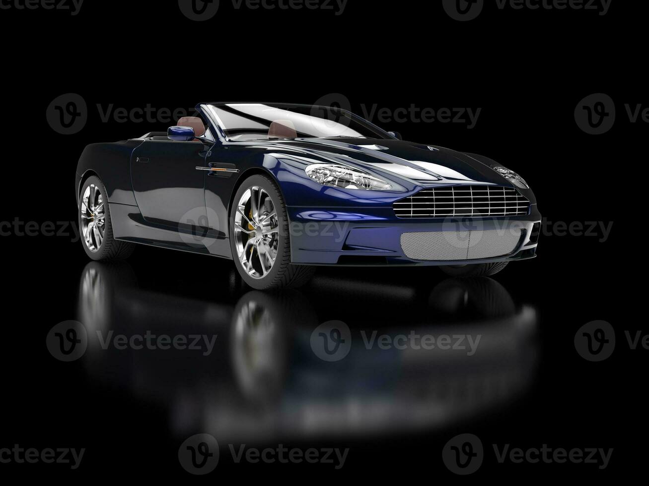 Dark blue convertible sports car on reflective background - front view photo