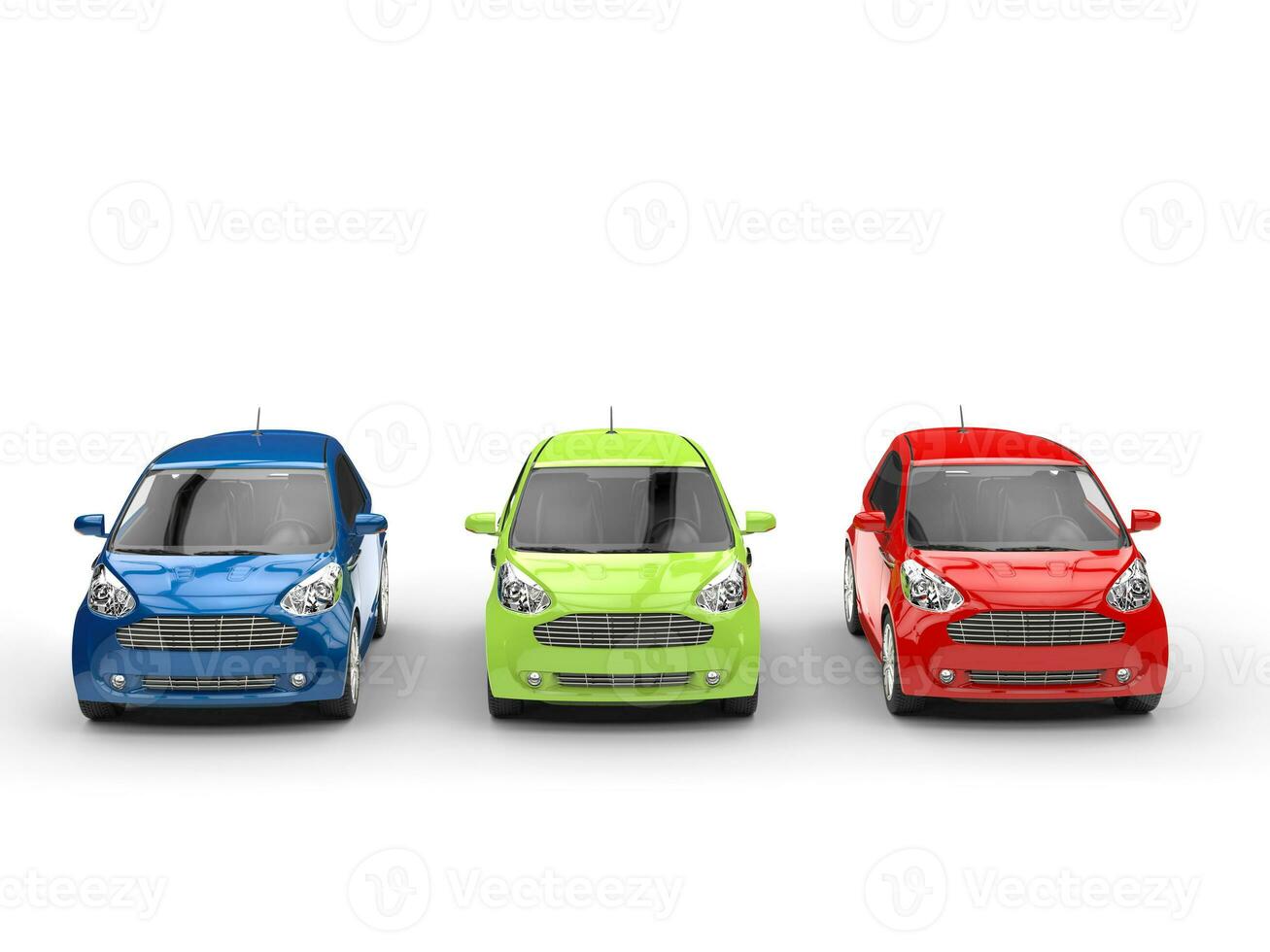 Small cars in a row - Red, Green and Blue - front view photo
