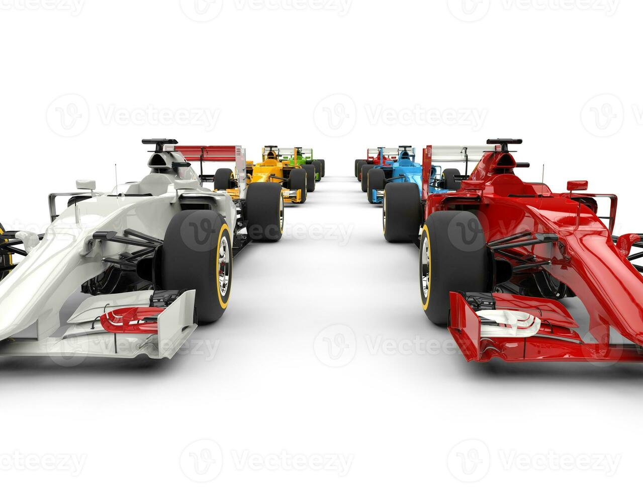 fórmula uno carros - rojo y blanco en el frente fila foto