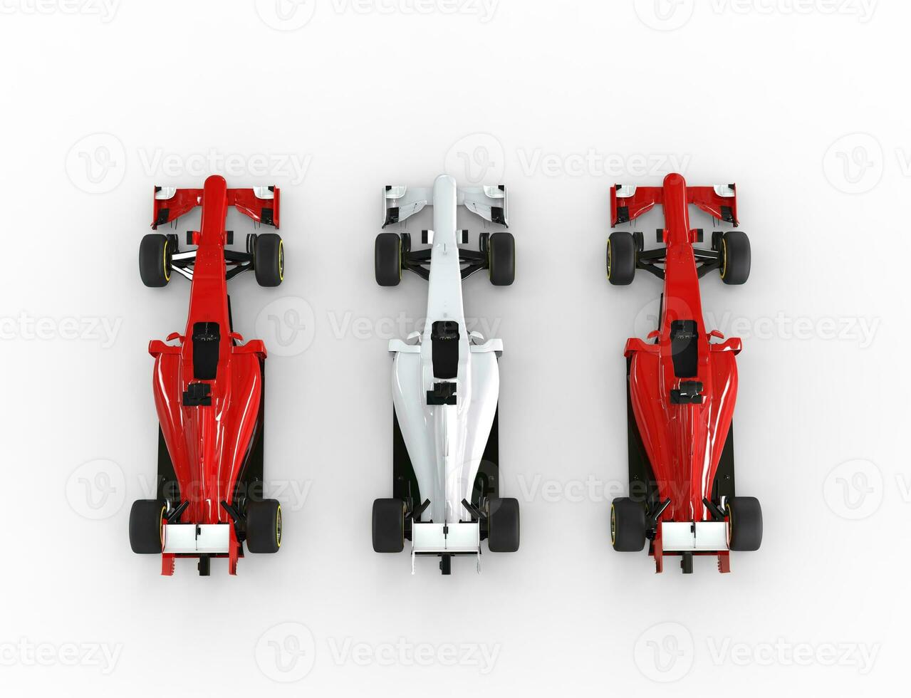 Red and white formula one cars - top view - isolated on white background. photo
