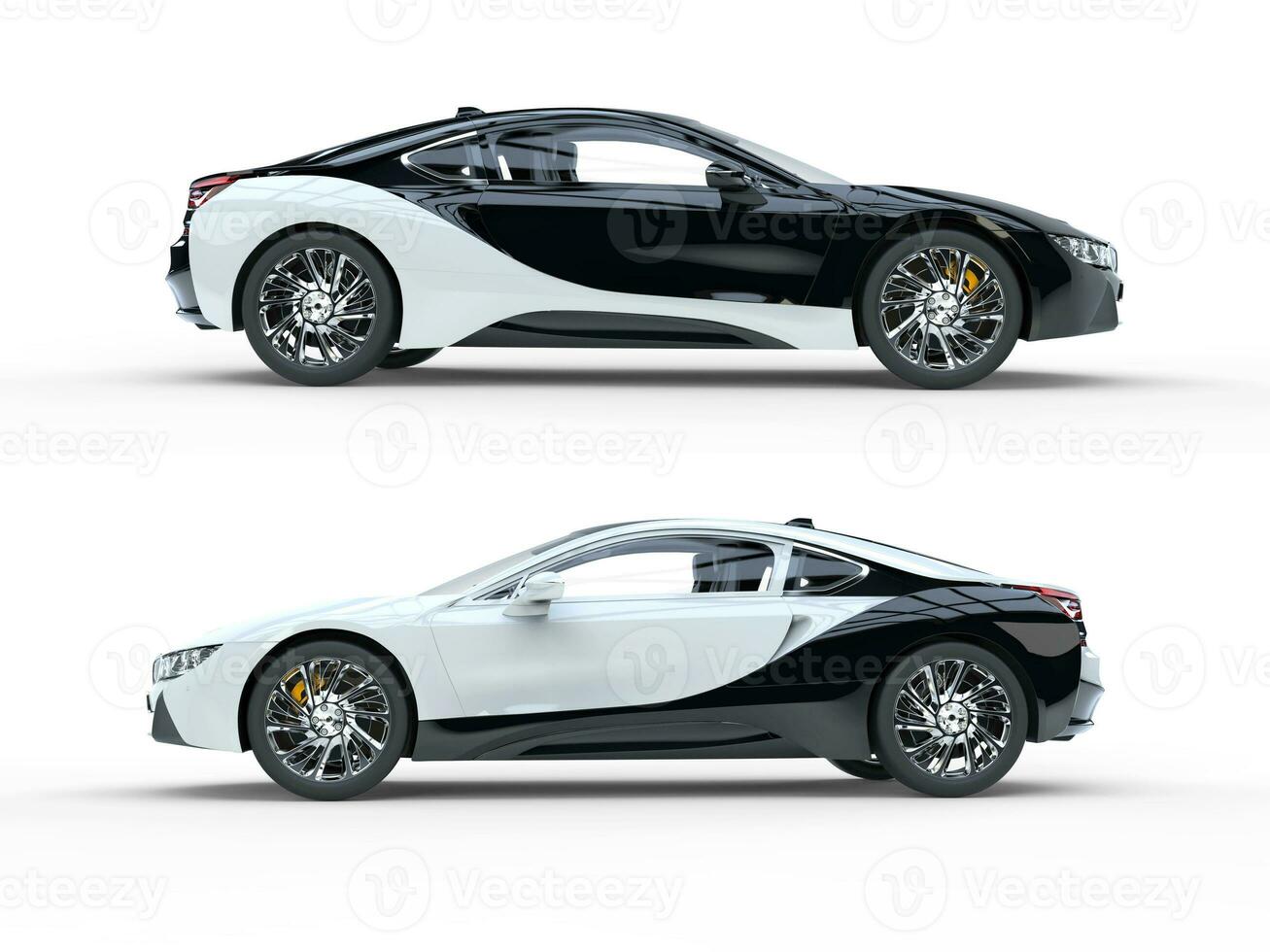 Black and white modern sports cars - side view - isolated on white background photo