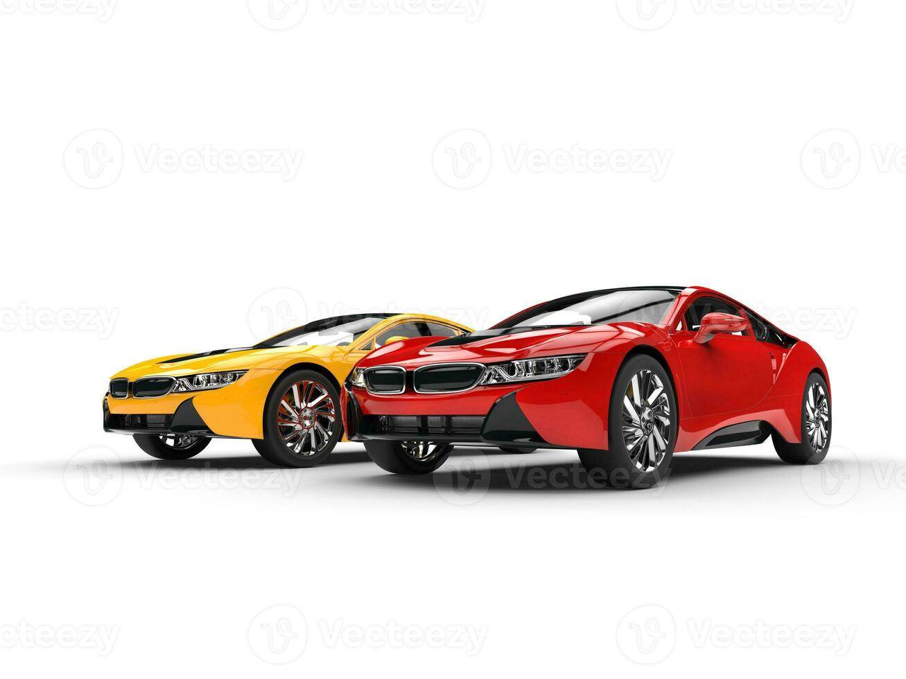 Modern sports cars - red and yellow - isolated on white background. photo