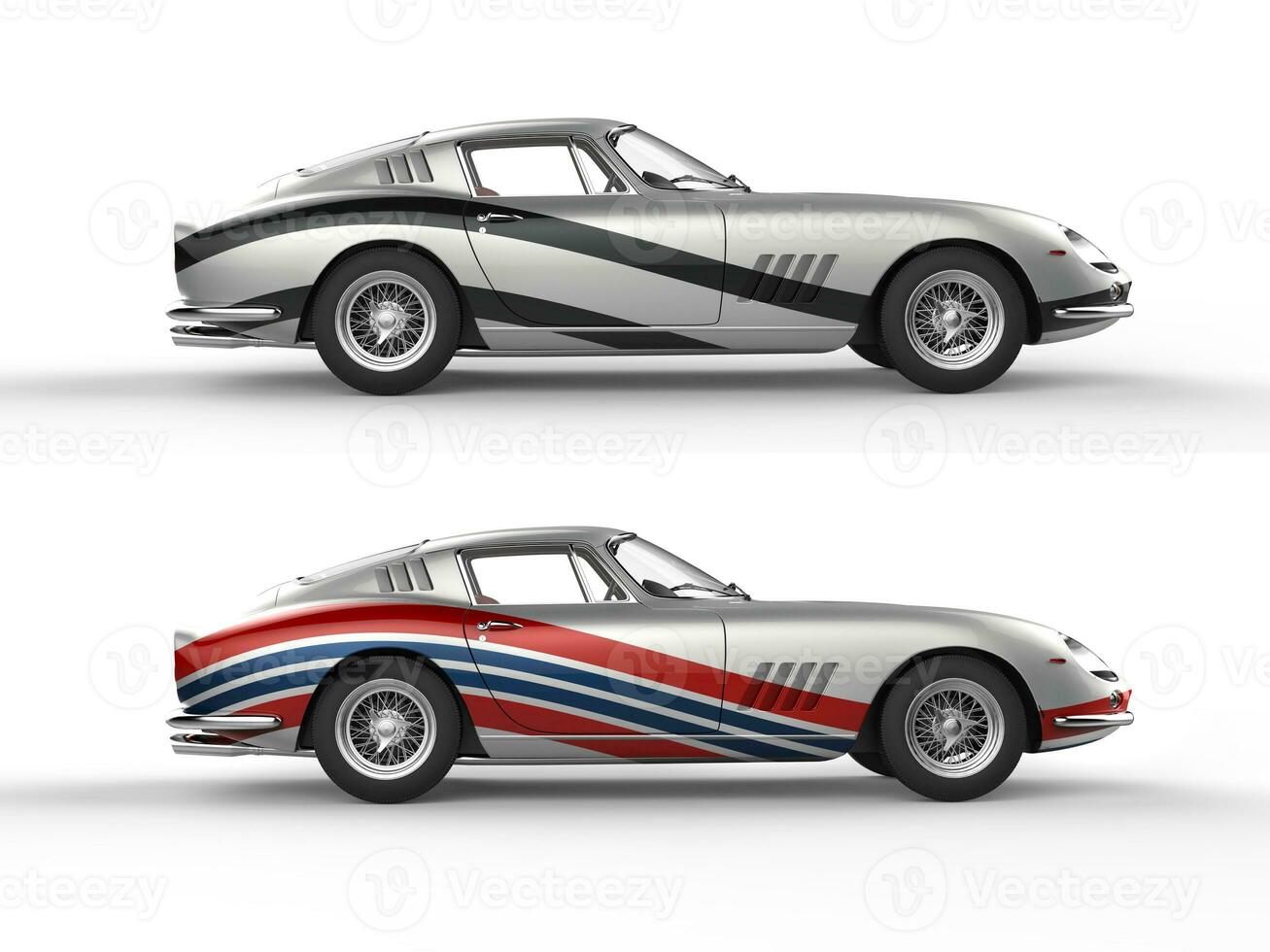 Silver vintage sports cars with racing stripes - side view - isolated on white background photo