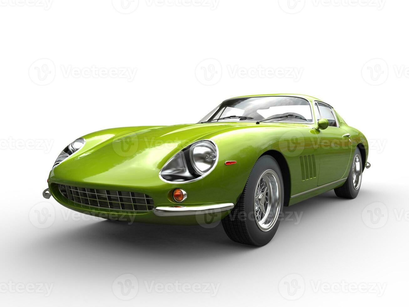 Metallic green classic sports car - front view closeup shot - isolated on white background photo