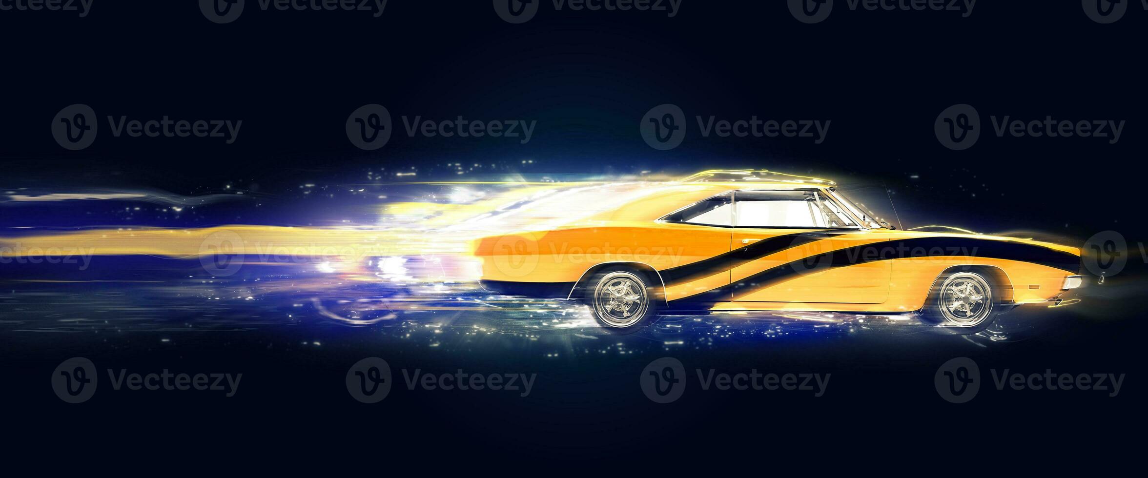 Clásico amarillo músculo coche con negro rayas - 3d ilustración foto