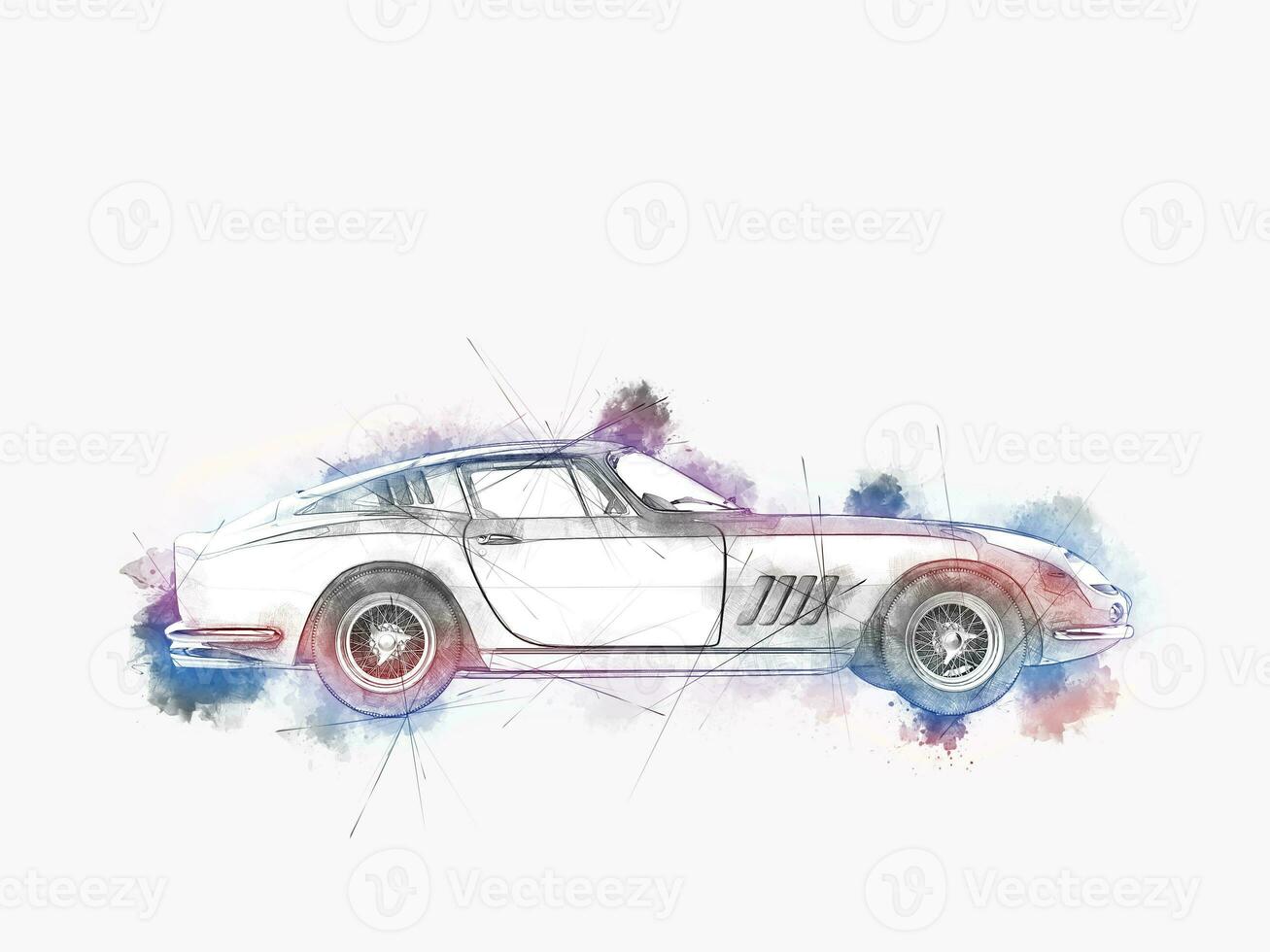 Colorful vintage car - hand drawn line sketch with color splashes photo