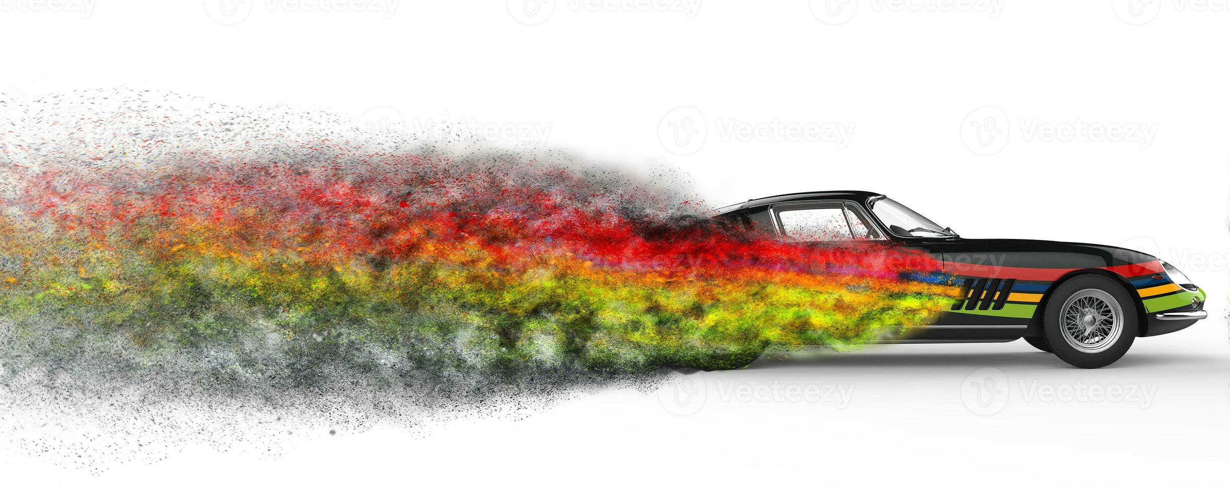 Black vintage race car with colorful stripe decals - particle flow effect photo