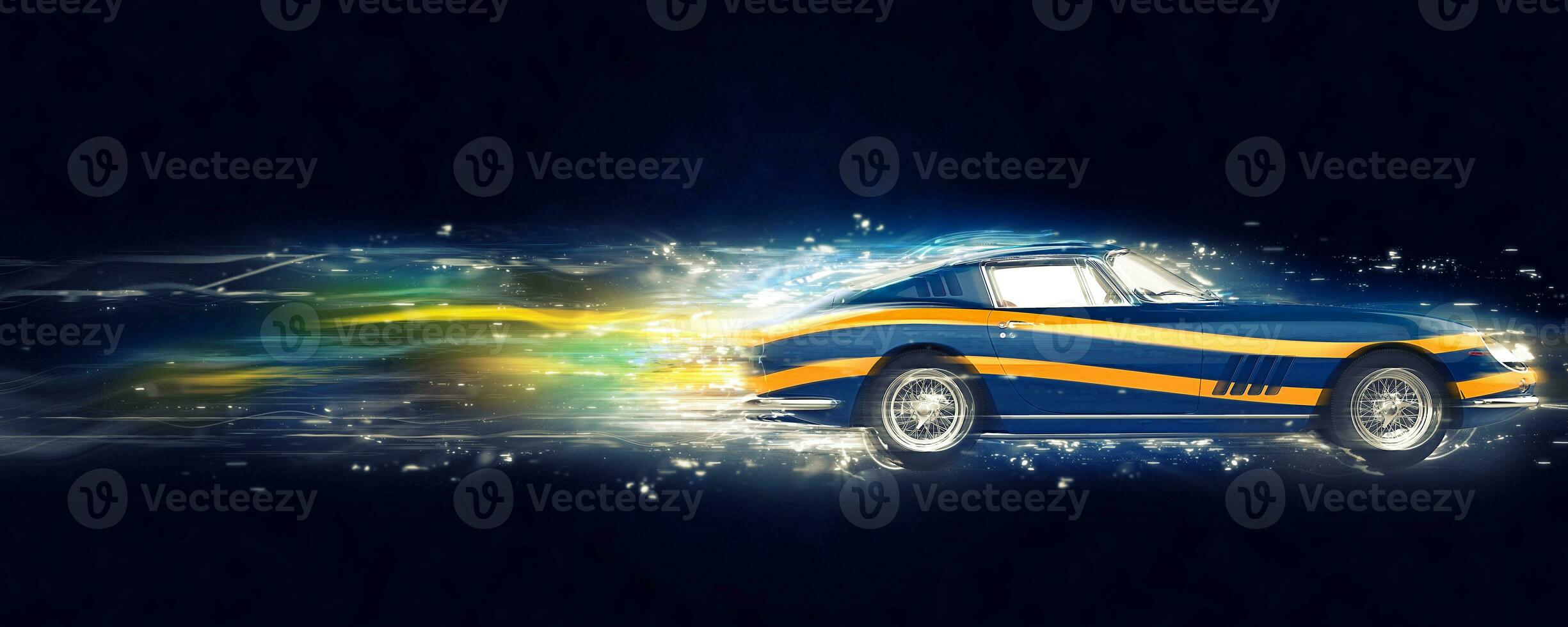Vintage blue sports car with yellow stripe decals - abstract 3D Illustration photo
