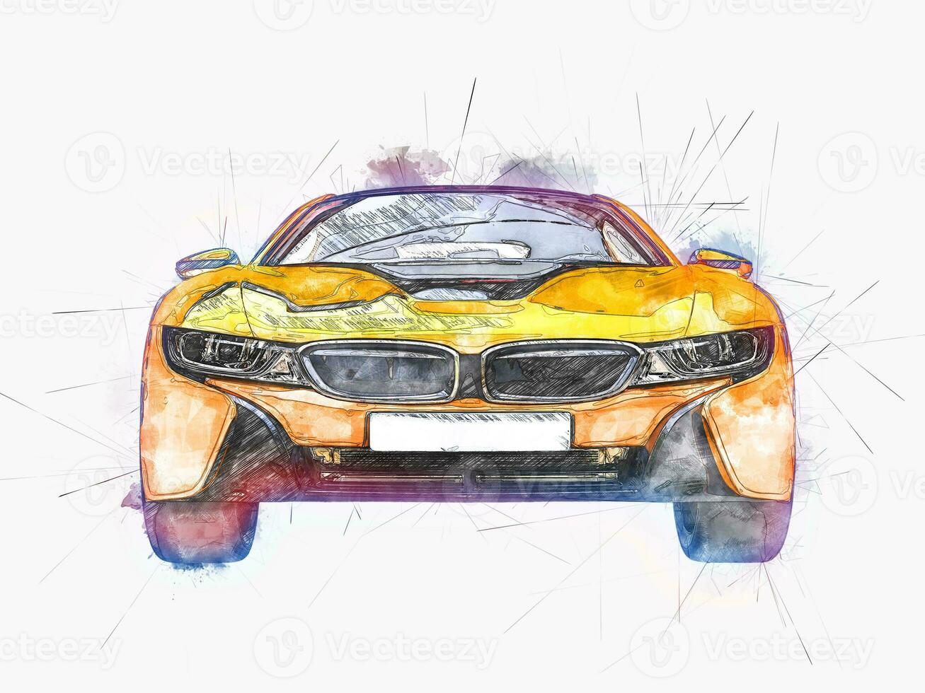 Futuristic yellow sports car - water color and ink digital illustration - on white background photo