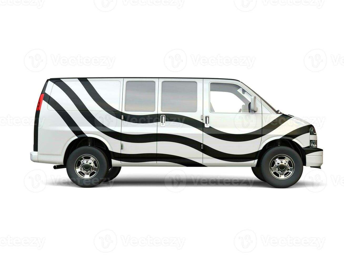 White van with black racing stripes - isolated on white background - 3D illustration photo