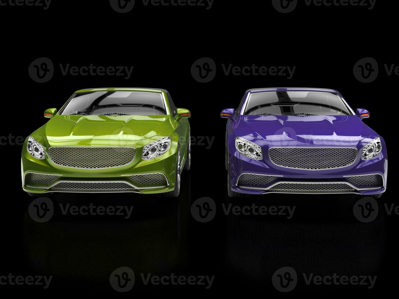 Green and purple modern cars on black reflective background photo