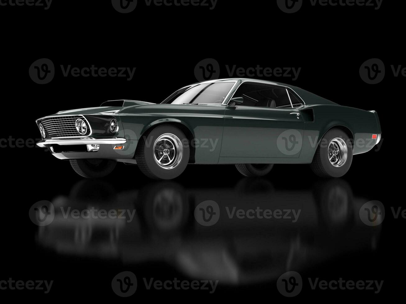 Awesome black muscle car on black reflective background photo