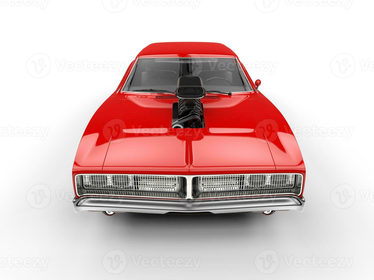 Awesome red muscle car - front top view closeup shot photo