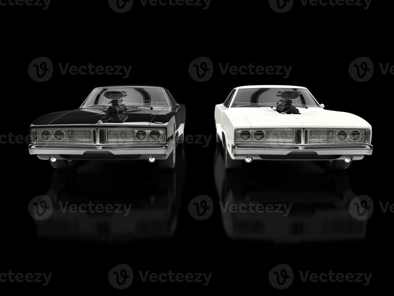 Black and white muscle cars on black reflective background photo