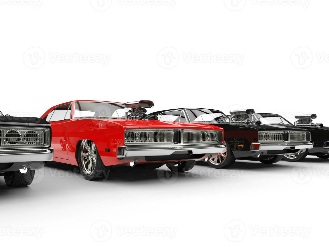 Row of muscle cars - focus on red car photo