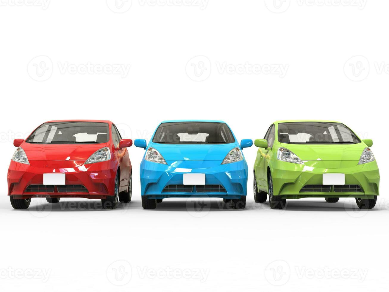 Red, green and blue modern electric cars - front view photo