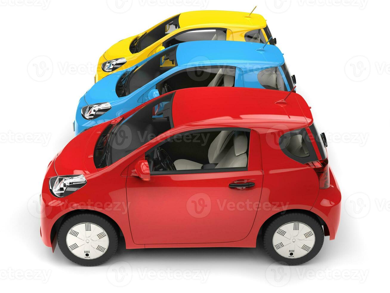 Modern compact urban electric cars in red, blue and yellow - side view photo