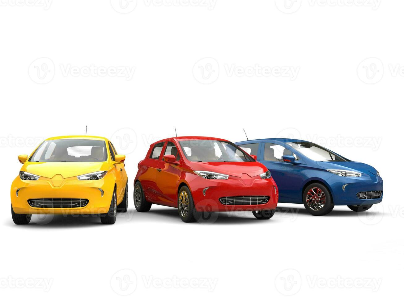 Modern electric eco cars in blue, yellow and red - 3D Illustration photo