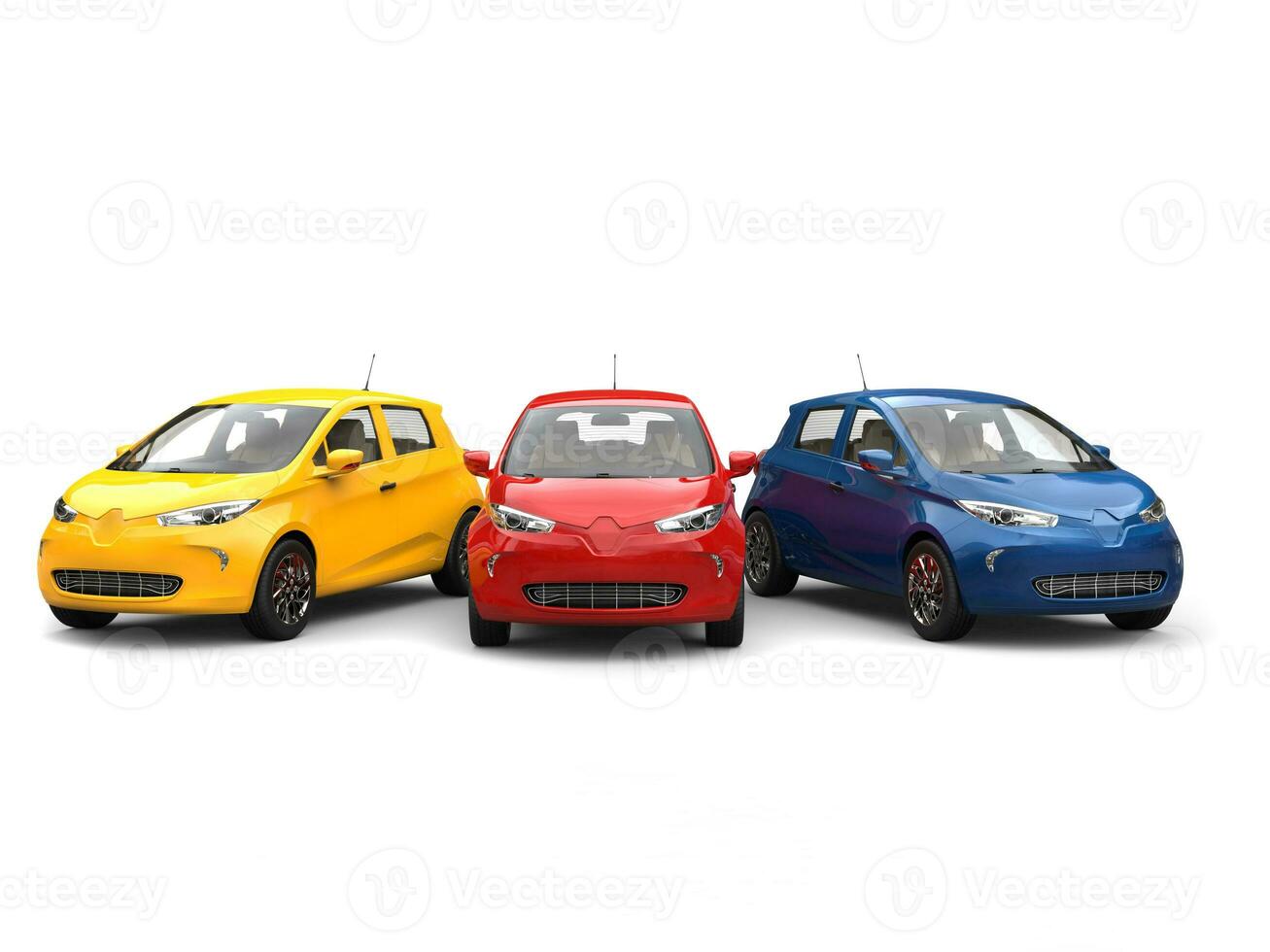 Modern electric eco cars in yellow, blue and red - 3D Illustration photo