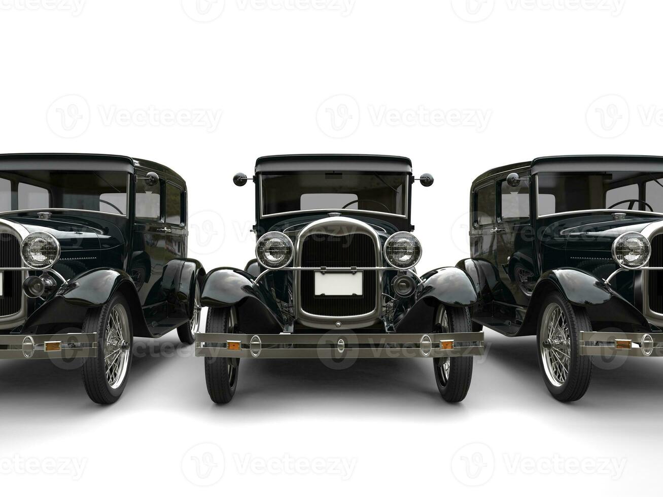 Three beautiful 1920s vintage cars - front view cut shot - 3D Render photo