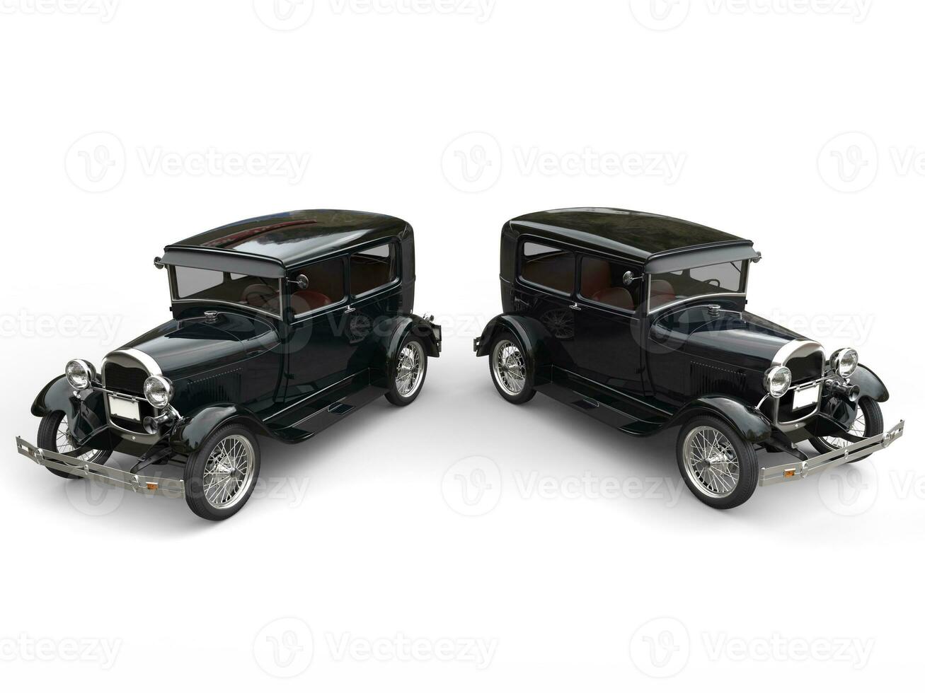 Two beautiful 1920s vintage cars - side by side - top view - 3D Illustration photo