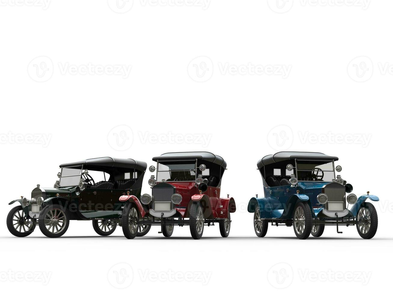 Black, red and blue restored vintage cars - studio shot photo