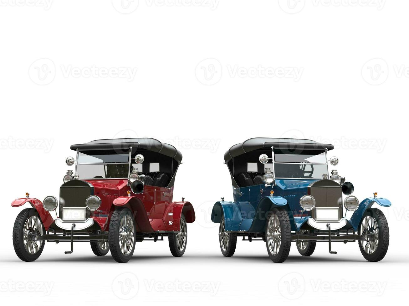 Awesome restored vintage cars in red and blue metallic colors photo