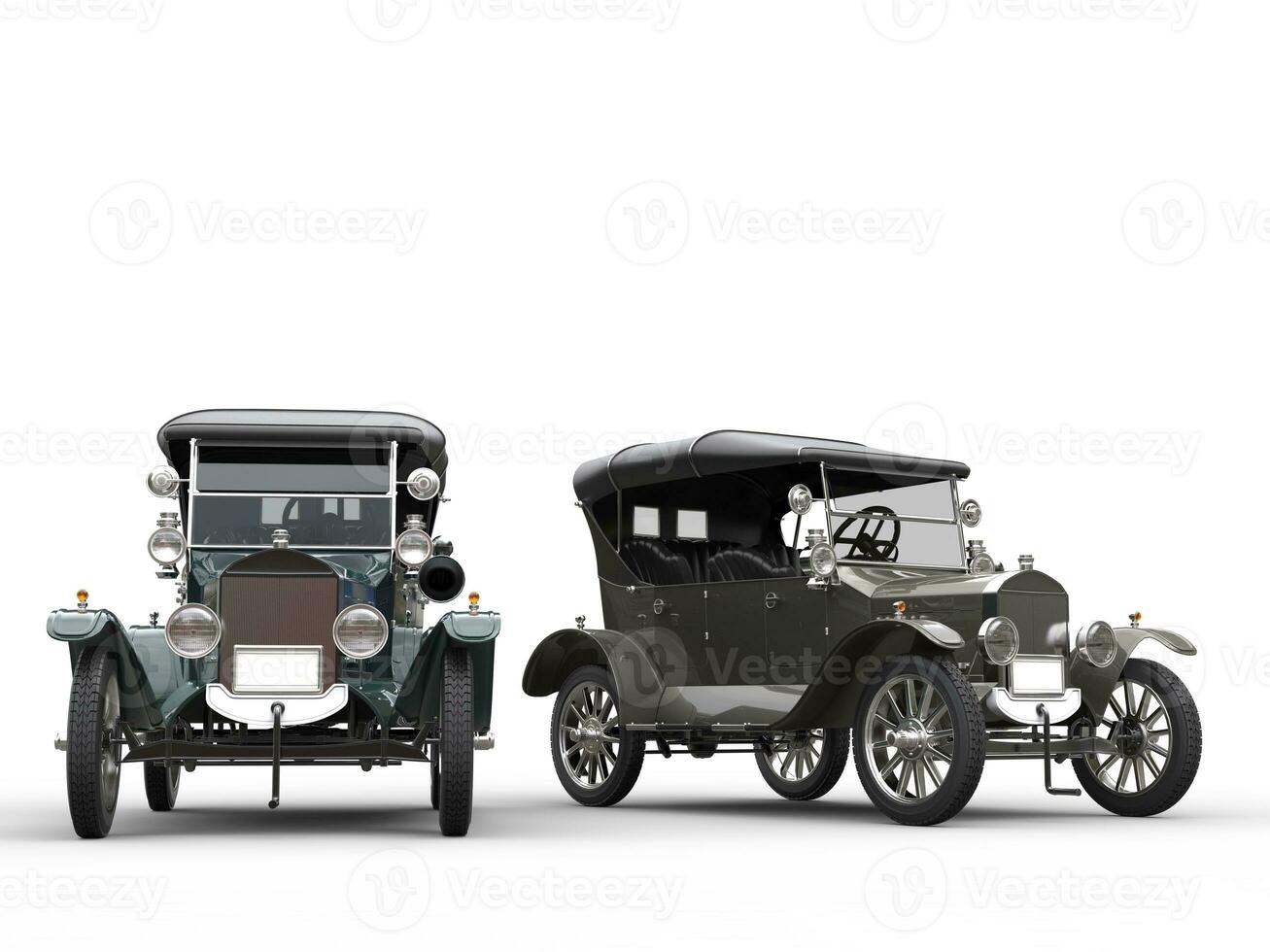 Restored vintage cars in metallic grey and blue photo