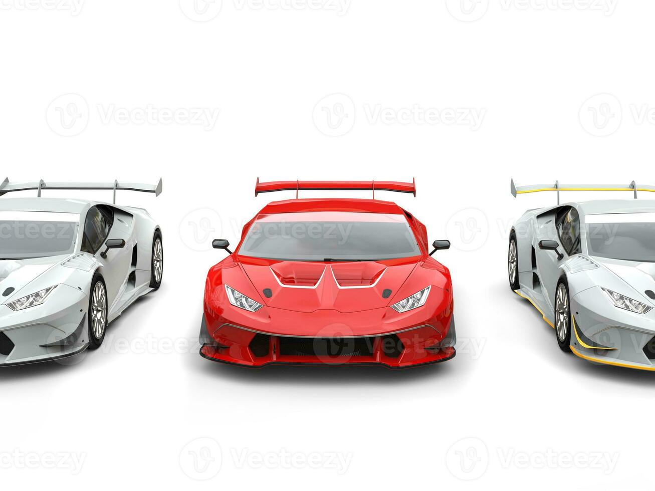 Bright red supercar with white sportscars on each side photo