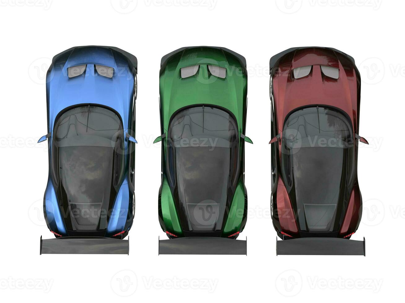 Modern metallic sports cars - red, green and blue - top view photo