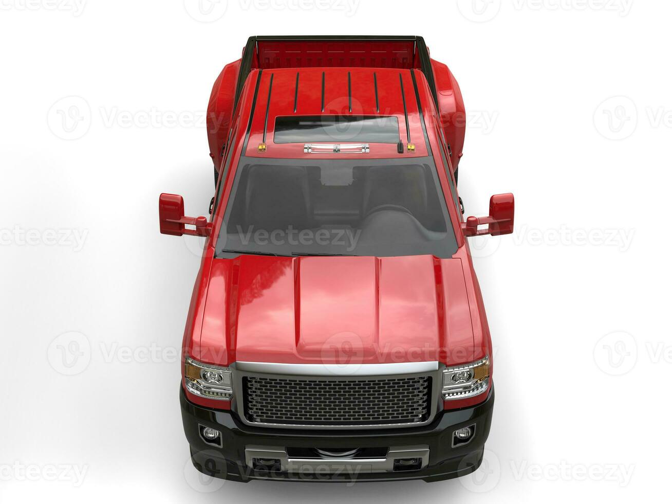 Crimson red modern pickup truck - top down front view photo