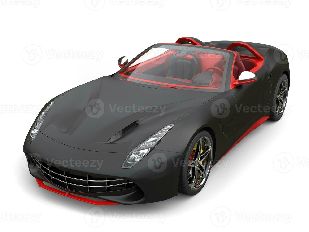 Cutting edge sports car - matte black with red details - top down view photo