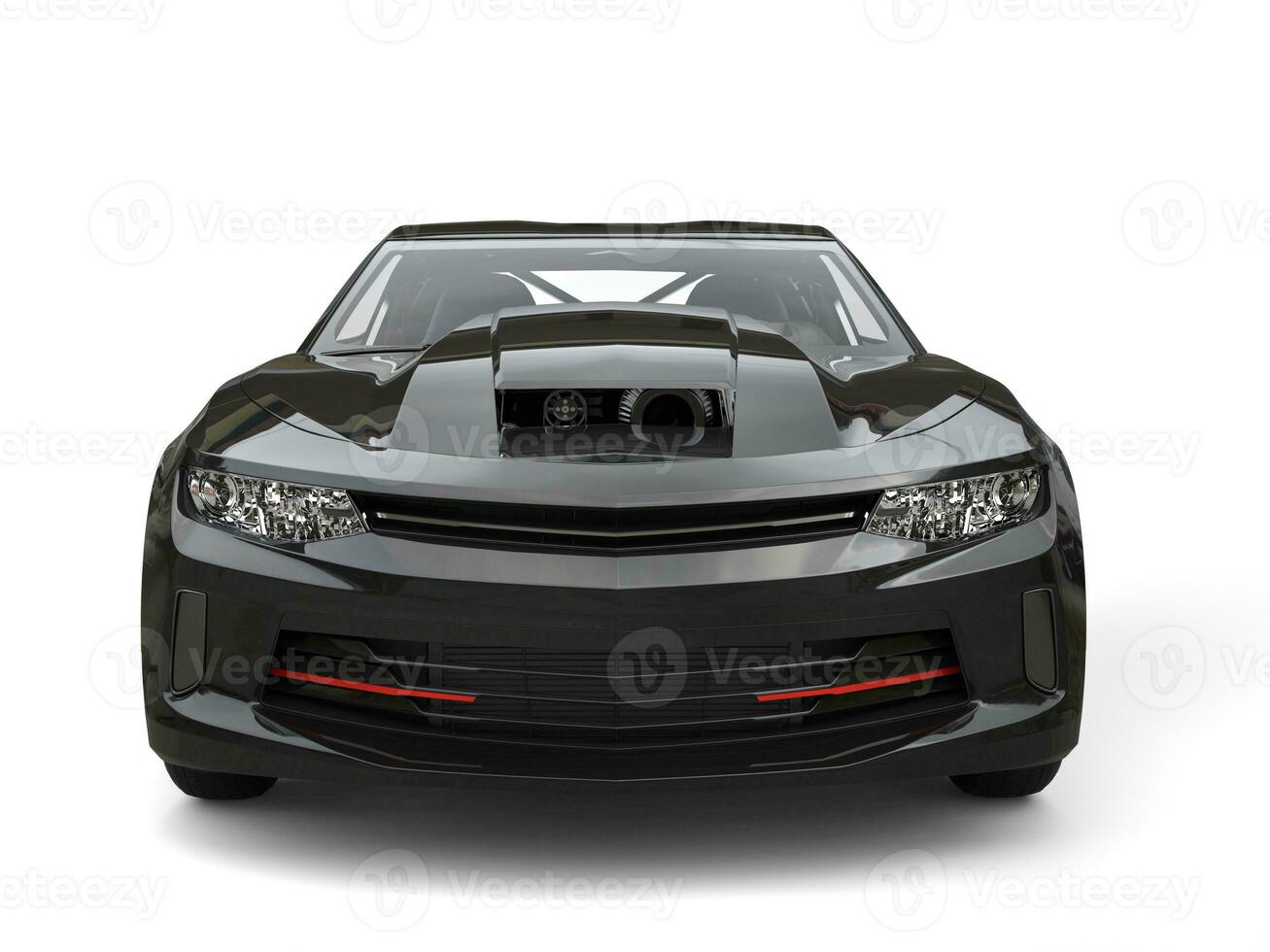 Jet black modern muscle car - front view closeup shot photo