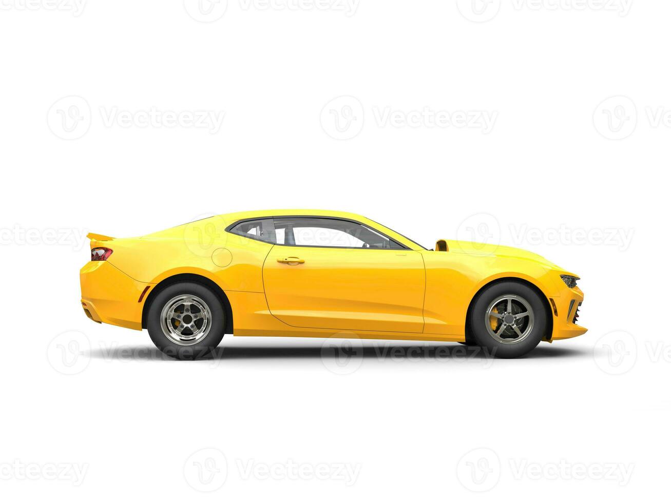 Bright yellow modern muscle car - side view - 3D Render photo